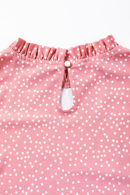 Pink Polka Dots Ruffle Flutter Sleeve Frilled Neck Blouse