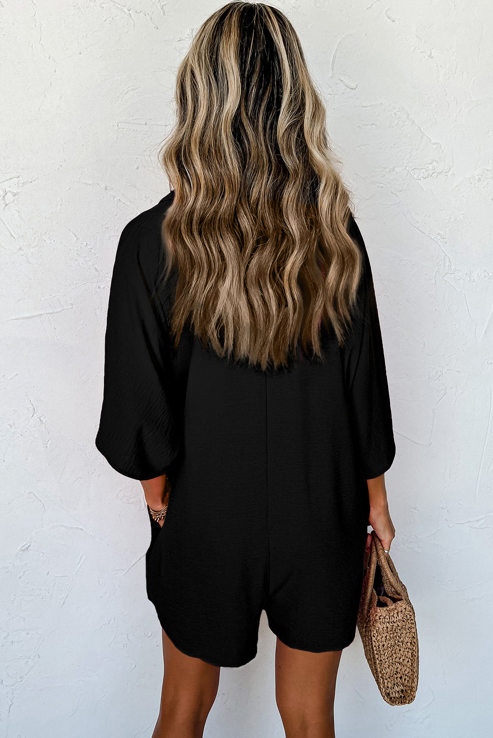 Half Button Collared Loose Romper - Black