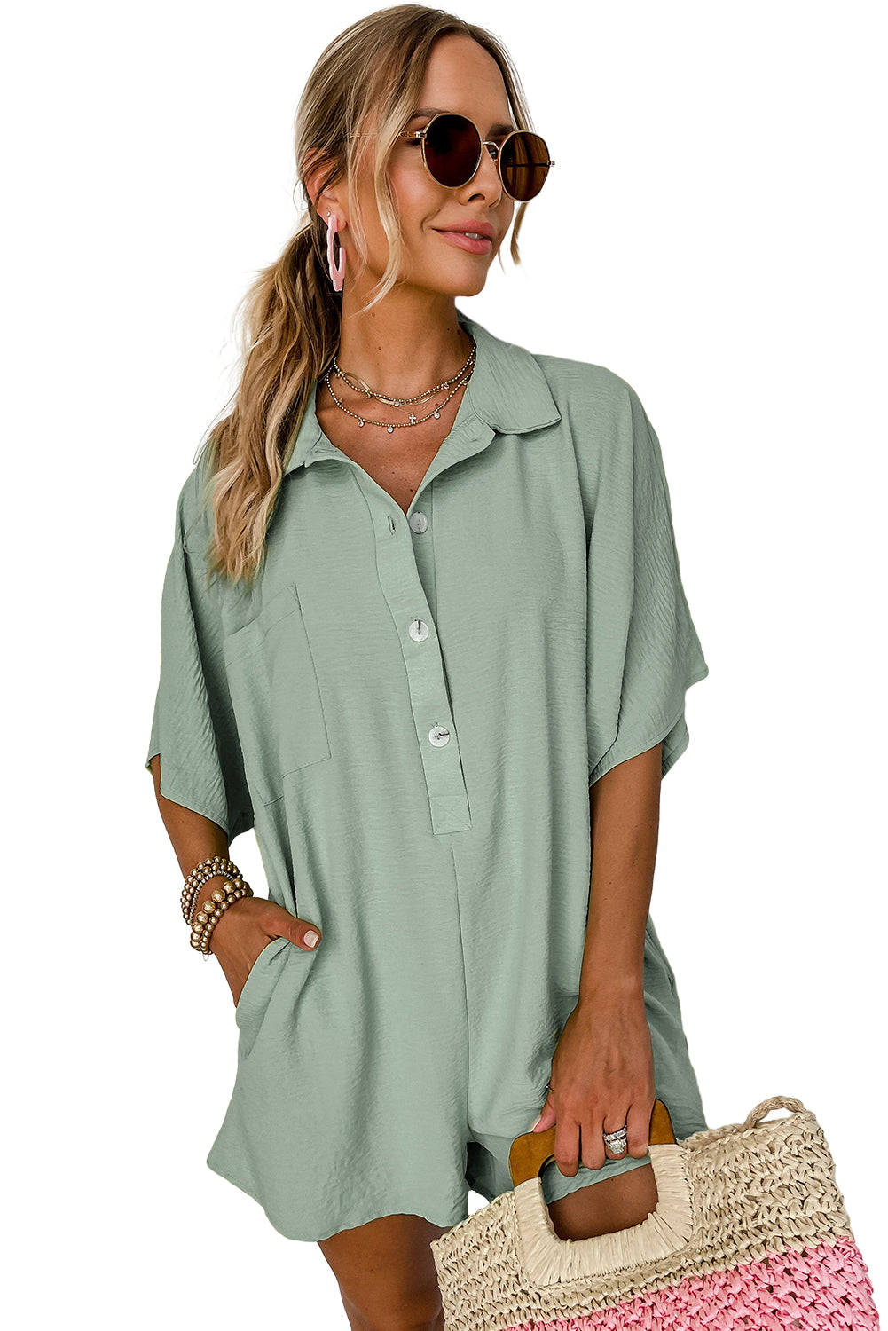 Half Button Collared Loose Romper - Spinach Green