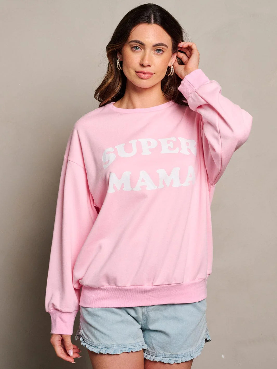 Super Mama Long Sleeve Graphic Pullover Sweatshirt - Pink by United Lovers