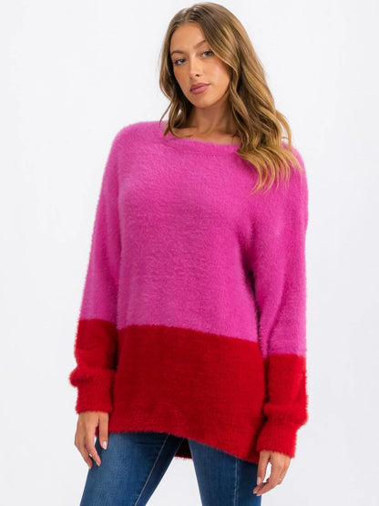 Long Sleeve Fuzzy Color Block Pullover Sweater - Fuchsia by TCEC