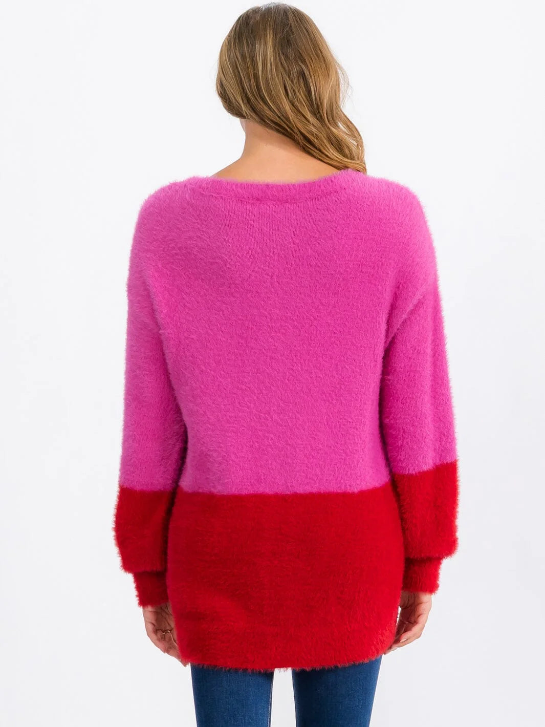 Long Sleeve Fuzzy Color Block Pullover Sweater - Fuchsia by TCEC