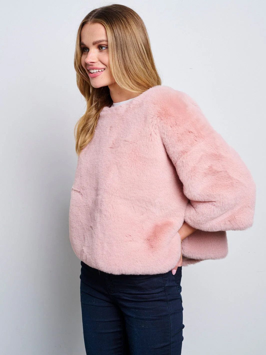 3/4 Sleeves Pullover Solid Fuzzy Sweater - Pink by Cherish