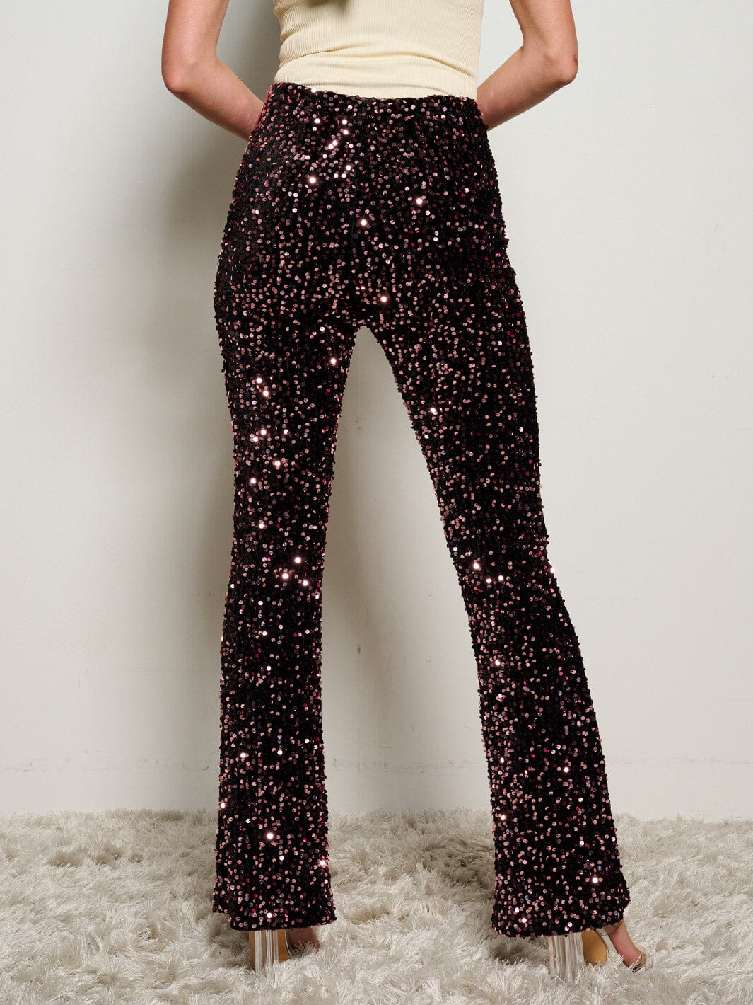 Womens Sequin Wide Leg Pants - Pink by Idem Ditto