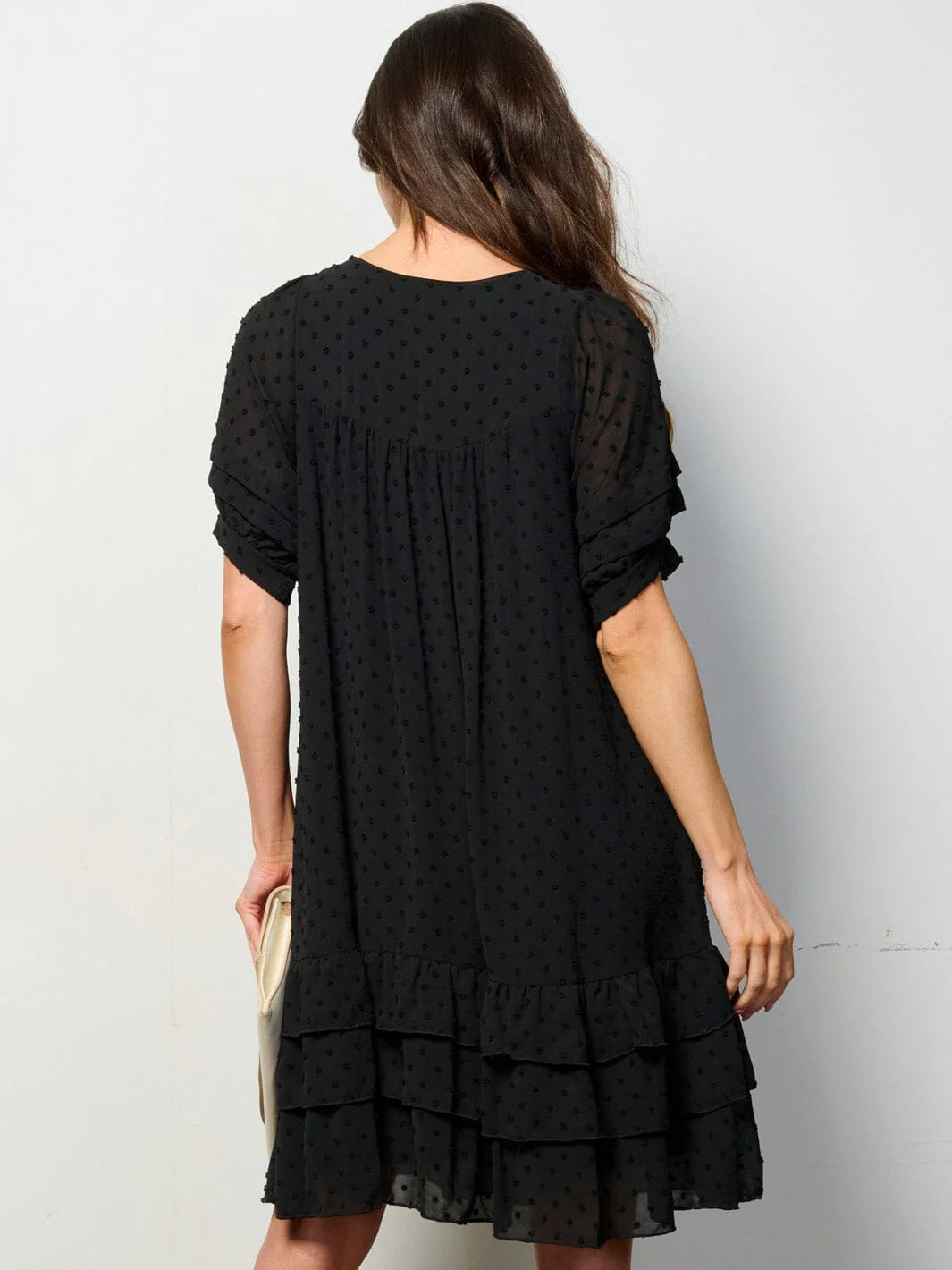 Short Sleeve Ruffle Tiered Swiss Dots Tunic Mini Dress - Black by NVIU